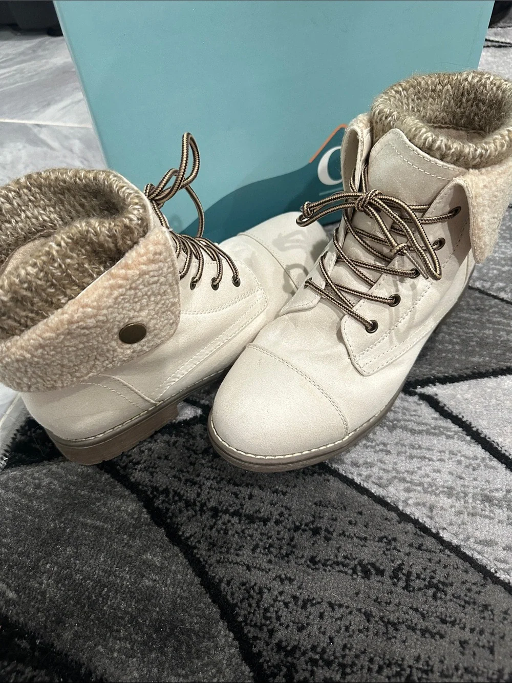 Cliffs by WHITE MOUNTAIN Cream and Brown Fold-Over Lace-Up Booties